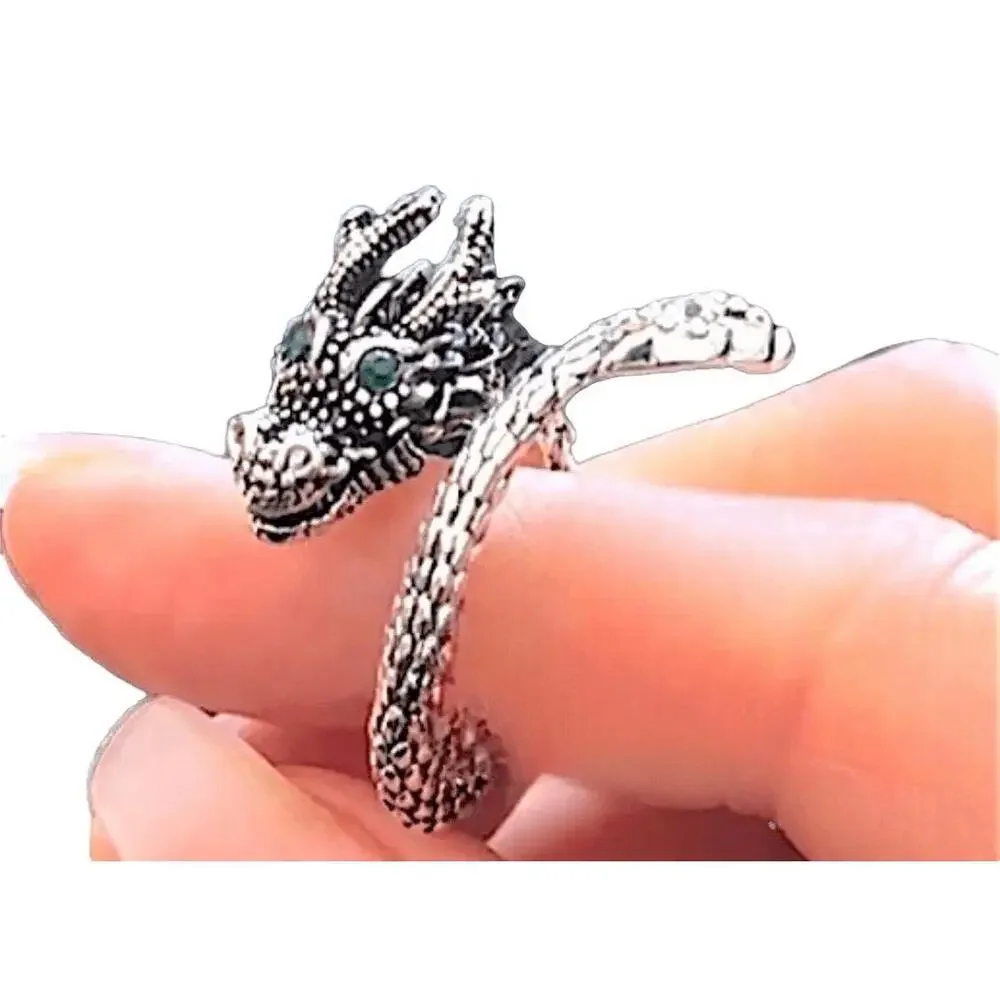 NIB Chinese‎ Green Eye Gem Dragon - Adjustable Diamon Stud Wrap Ring - Size 9W -